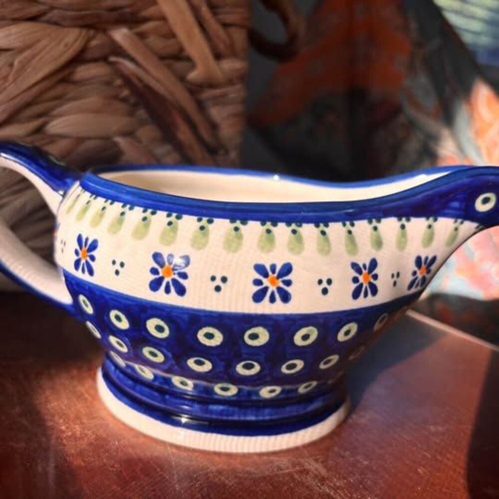 Boleslawiec Polish Pottery Gravy Boat Sauce Server Blue Green Orange Floral